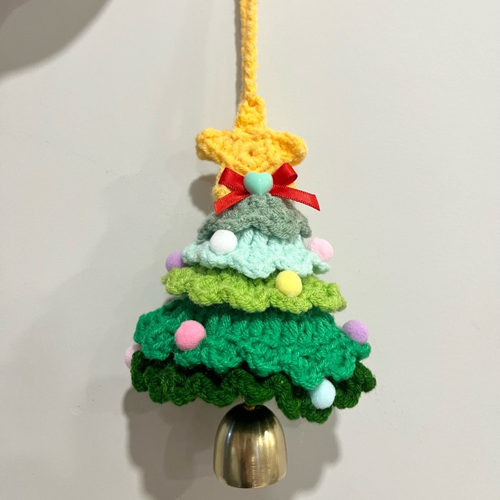 Christmas Crochet Tree Ornament with Bell Cute Xmas Decoration, Hanging Decor